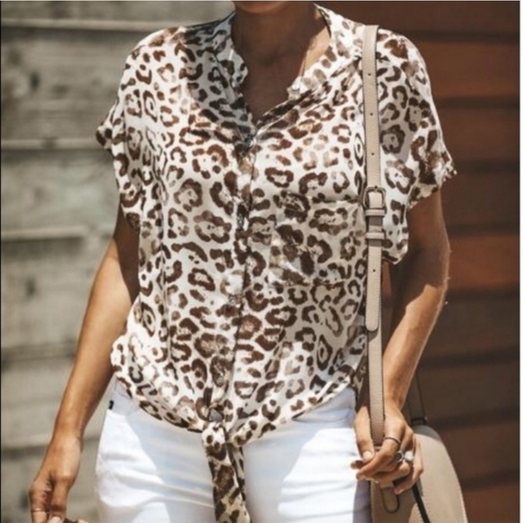 Vici Tops - Vici animal print tie-front button down top